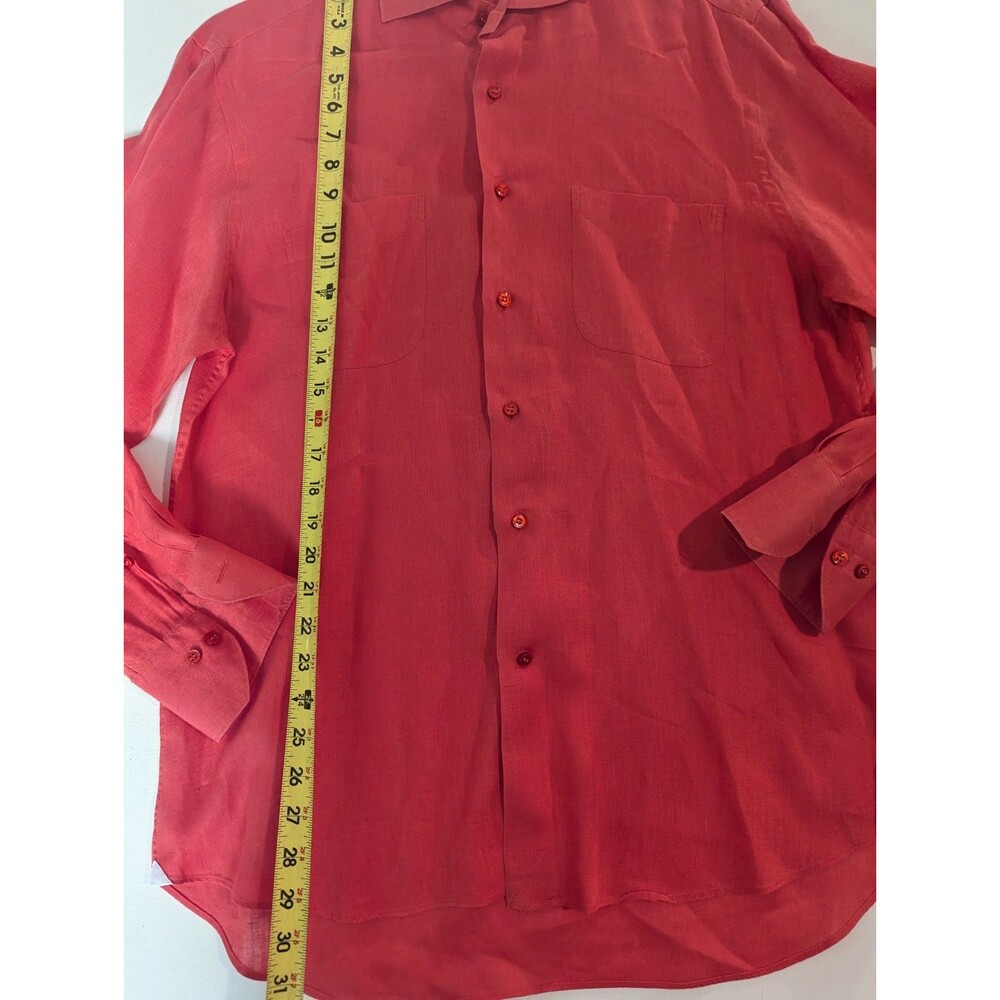 Aster 1973 Mens Dress Shirt 41 16 solid Coral Button Down Linen made in Italy - Picture 5 of 12